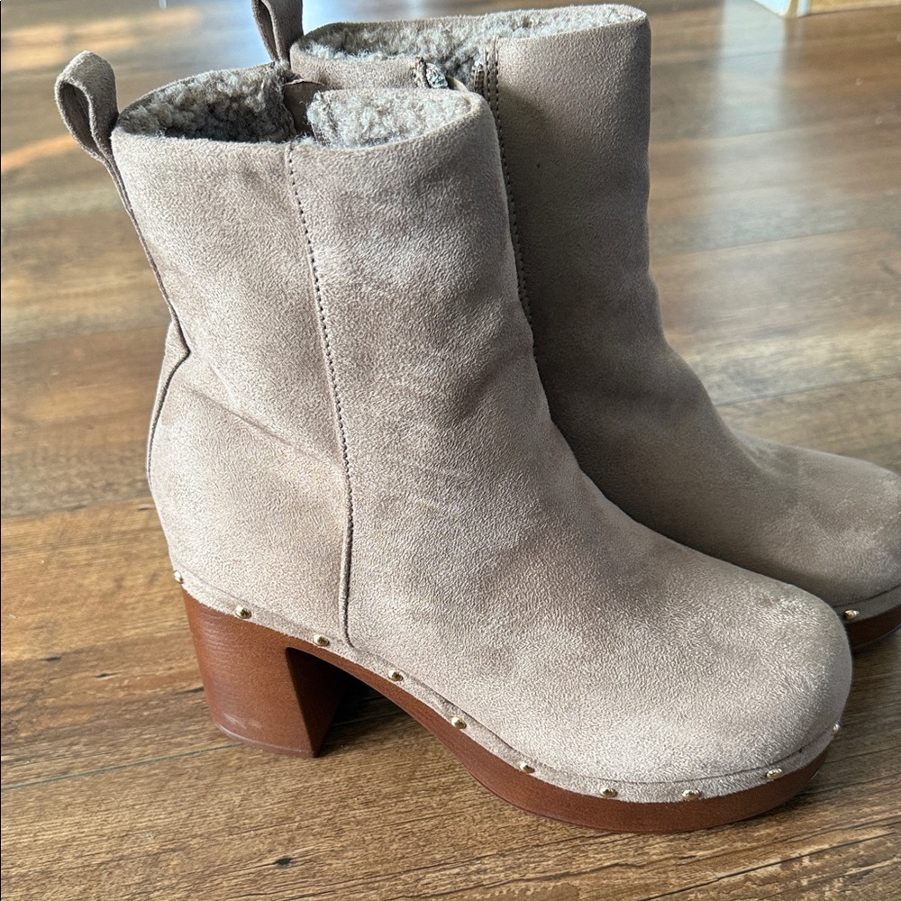 New York & Company Taupe Suede Shearling-Lined Platform Ankle Boots - Picture 2 of 4